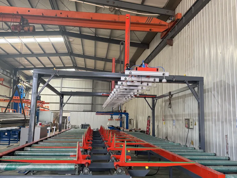 Gantry stacker suction frame and roller conveyors in the manufacturer-supplied machine photograph
