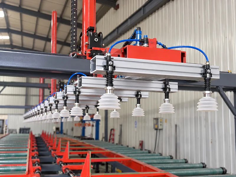 AI-generated explanatory close-up of white suction cups beneath aluminium pickup crossmembers and the red lifting carriage