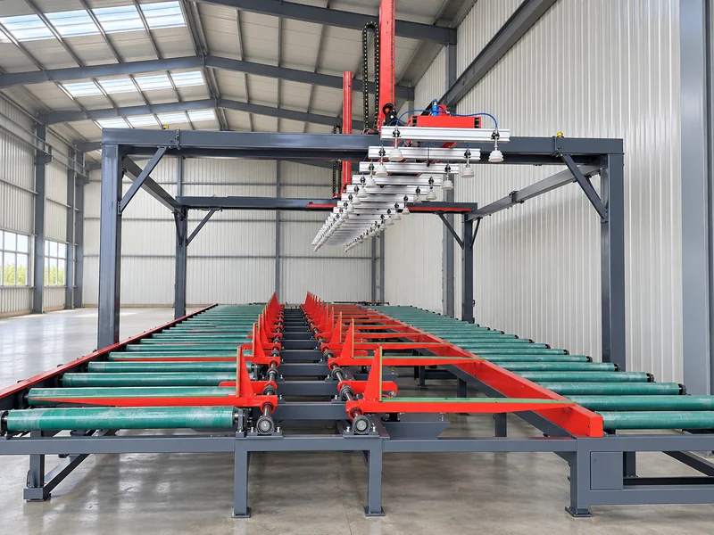 AI-generated explanatory view of the grey external-post gantry, red turnover forks, green roller beds and silver vacuum frame