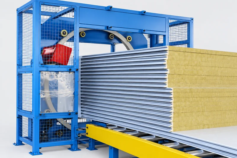 Equipment visualization showing the orbital wrapping frame and panel-stack conveyor arrangement