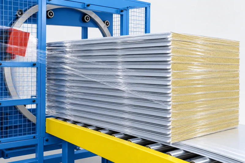 Process illustration of transparent wrapping film around a complete sandwich panel stack