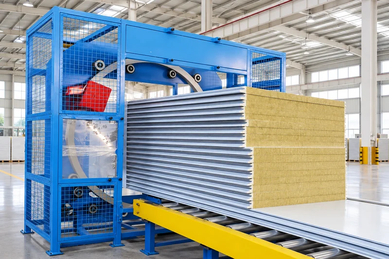Full-stack PE wrapping equipment visualization with orbital ring and roller conveyors