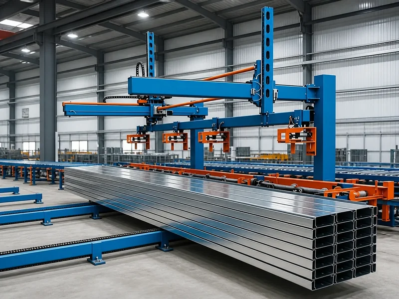 C/Z purlin stacker equipment illustration with turning arms, grippers and a profile bundle