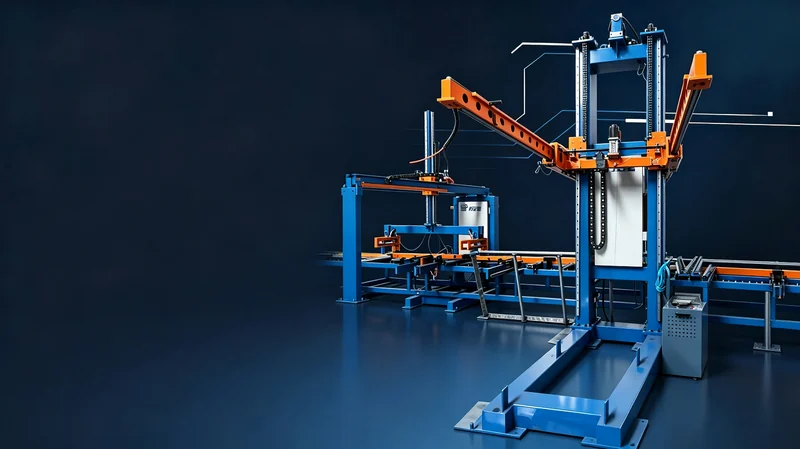 Floor deck turnover stacker concept showing opposed mechanical turning arms and conveyors
