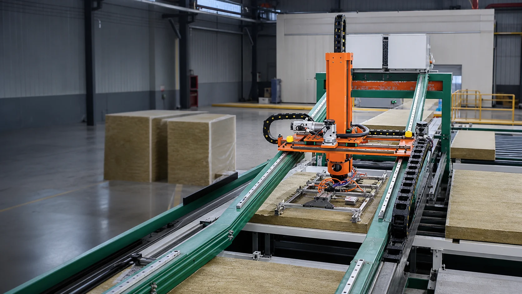 Automatic rock wool feeding and laying machine in a sandwich panel production workshop