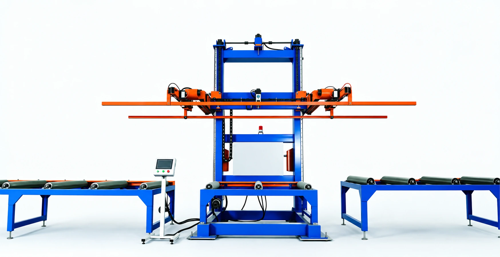 Front-view equipment illustration of a blue upward-turning composite panel stacker with orange turning arms and roller conveyors