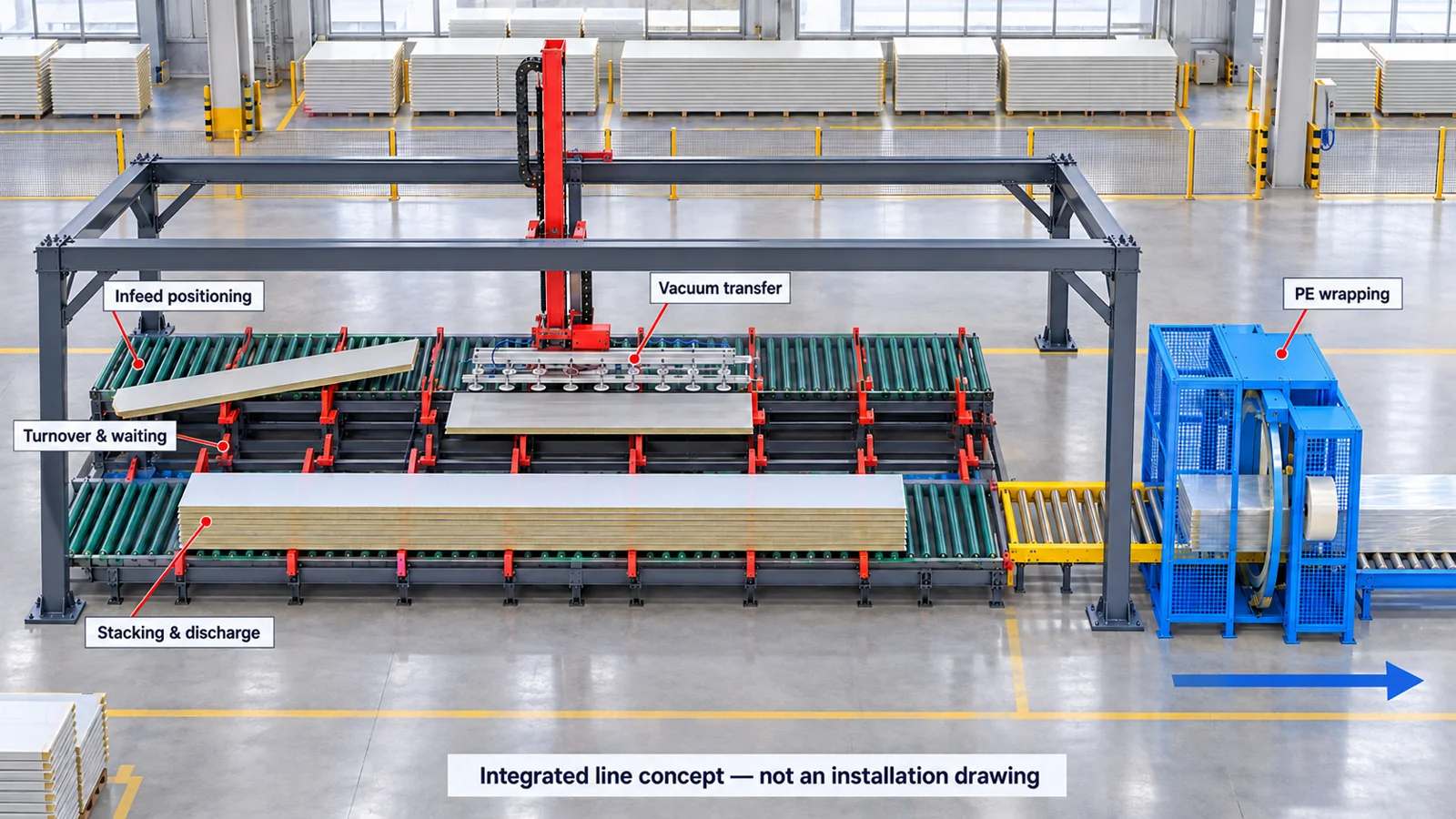 Proposed linked line: mechanical panel turnover and gantry vacuum stacking feed completed bundles inline into the PE wrapper